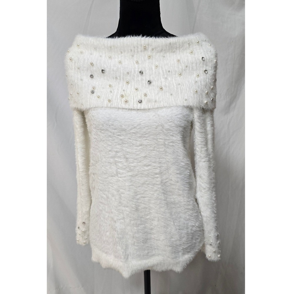 Soft Surroundings eyelash knit sweater women PS Ivory pearl rhinestone cowl neck